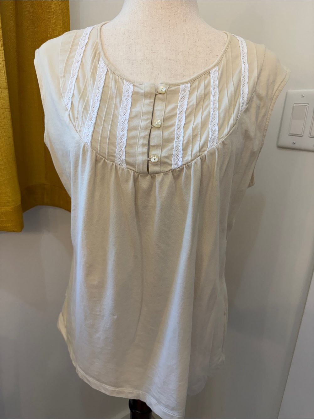 LOFT Cream Lace-Trim Sleeveless Pintuck Yoke Top